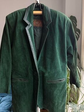 VINTAGE 80s COMINT Men's Dark Green Suede Coat with Leather Trim size S